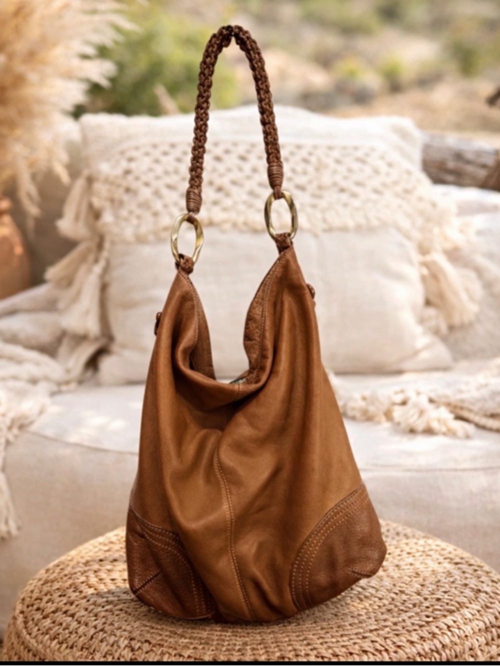 Sigrid Olsen Cognac Braided-Handle Leather Hobo